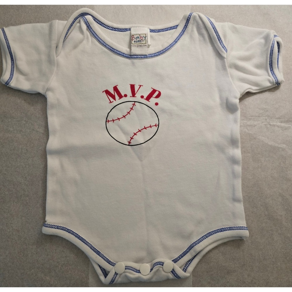 VTG Baby Ganz MVP Baseball Bodysuit White Blue 3-6 Months Newborn Boys One Piece